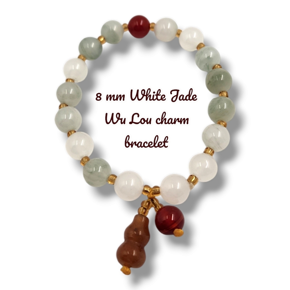 8 mm White Jade Wu Lou charm bracelet